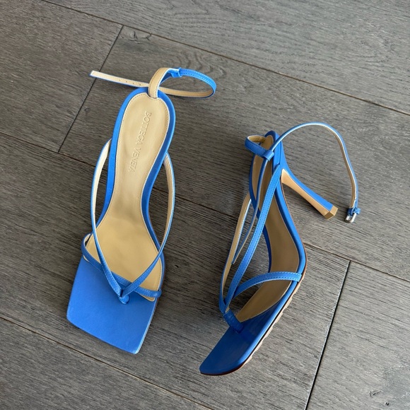 Bottega Veneta Shoes - Bottega Veneta Blue Strappy Square-Toe Heeled Sandals